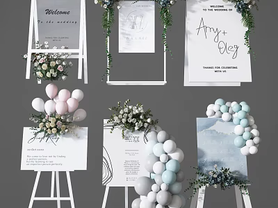 Wedding Welcome Signs With Fresh Flowers Pastel Balloons And Amy Greg Names 3d model
