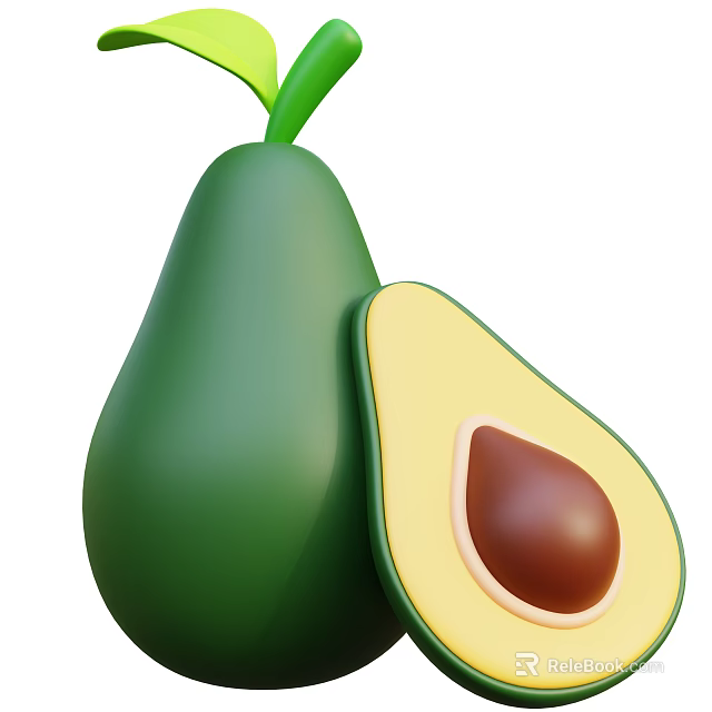 Fresh Ripe Whole Green Avocado With Halved Section And Brown Seed 3d model 