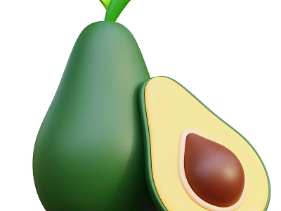 Fresh Ripe Whole Green Avocado With Halved Section And Brown Seed 3d model