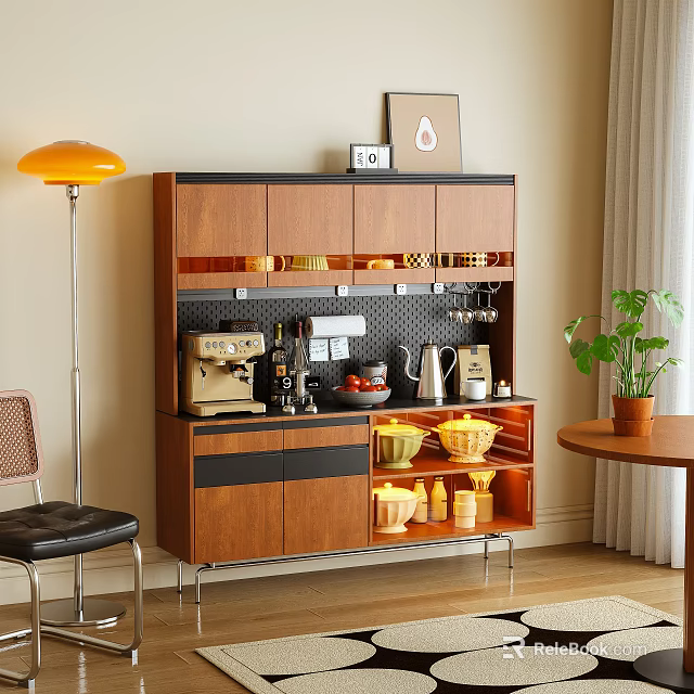 Wooden Sideboard With Glass Doors And Tableware Storage In Modern Living Area 3d model 