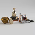 Decorative Ornament Set With Gold Vase Brass Candle Holders Stacked Books Photo Frame Black Box