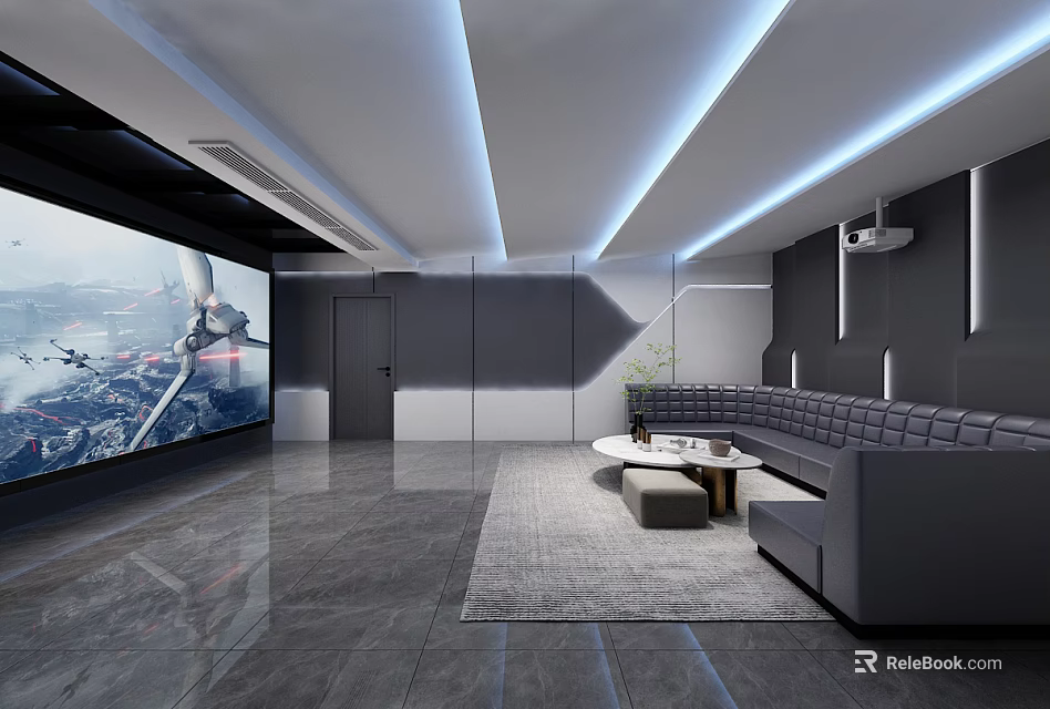 Modern Home Theater Interior With Large Screen Gray Sofa And Projector Ceiling LED Strips 3d model