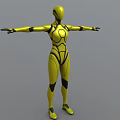 Futuristic Yellow Female Robot With Black Lines And Arms Outstretched In Pose
