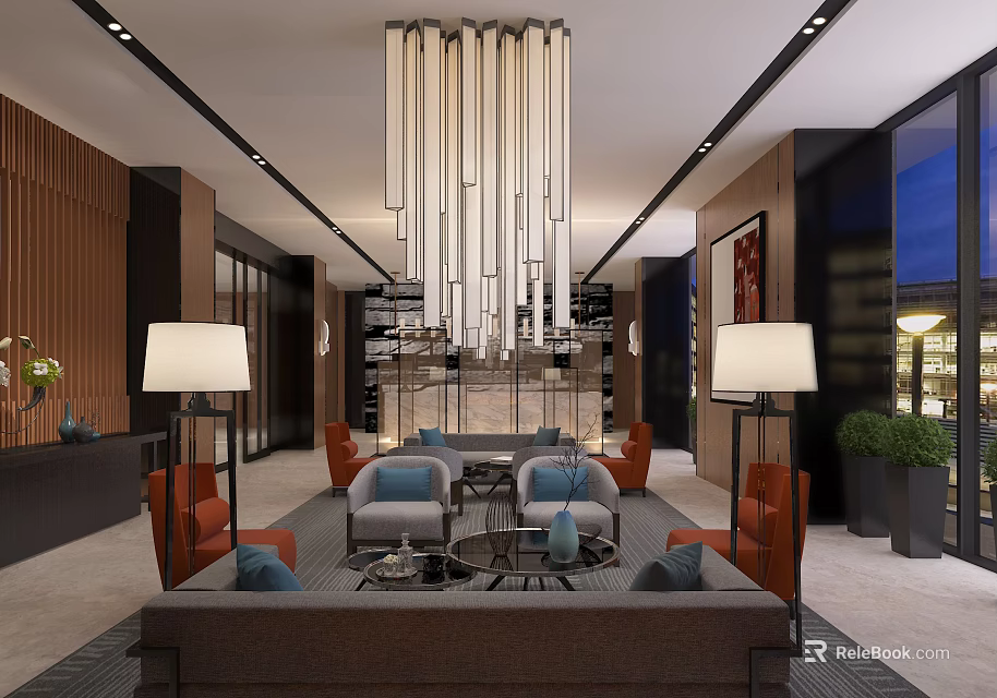 Modern Hotel Public Lounge Interior Design With Chandelier Cozy Sofas And Armchairs 3d model