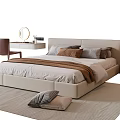 Modern Beige Double Bed With Upholstered Headboard Pillows Throw Blanket Nightstand And Dressing Table