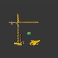 Various Colored Construction Vehicles And Yellow Crane At Work Site Scene