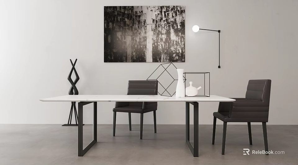 Modern Interior Design With White Long Table Black Chairs Abstract Painting Floor Lamp And Decorations 3d model 