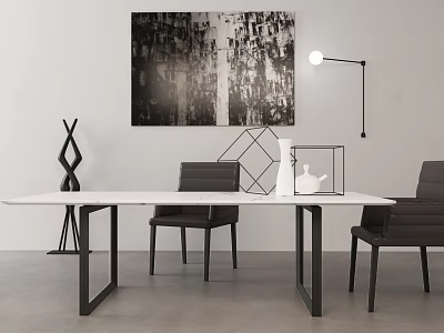 Modern Interior Design With White Long Table Black Chairs Abstract Painting Floor Lamp And Decorations 3d model