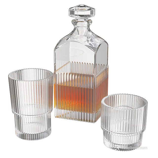Transparent Vertical Striped Glasses with Whiskey Decanter and Amber Liquid 3d model 