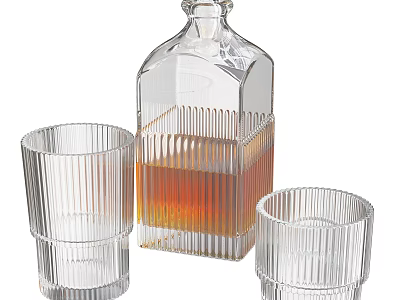 Transparent Vertical Striped Glasses with Whiskey Decanter and Amber Liquid 3d model