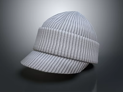 Striped Gray Knit Beanie Cap With Brim For Casual Daily Wear 3d model