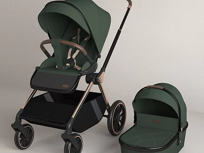 Stylish Green Baby Stroller With Matching Carrycot And Metal Frame Design 3d model