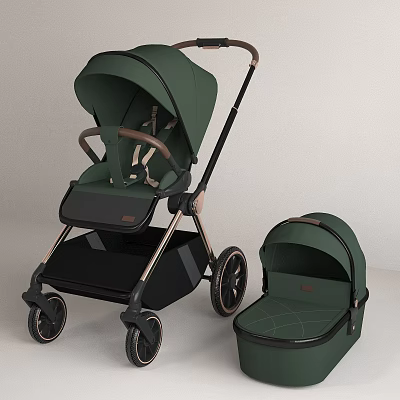 Stylish Green Baby Stroller With Matching Carrycot And Metal Frame Design 3d model
