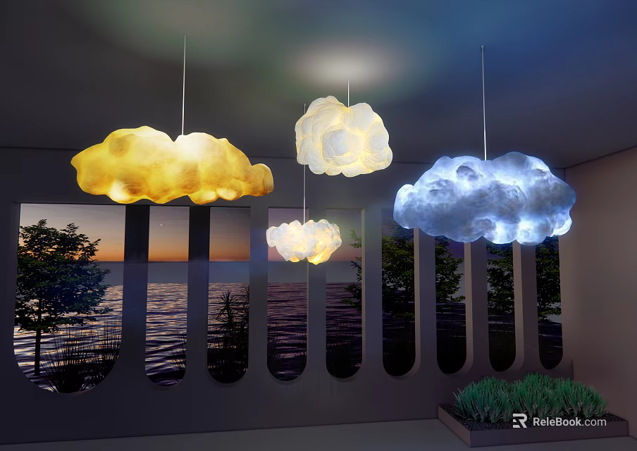 Yellow White Blue Cloud Shaped Pendant Lights Hanging Over Indoor Sea View Window 3d model 