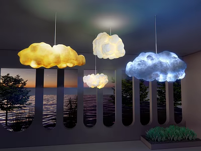 Yellow White Blue Cloud Shaped Pendant Lights Hanging Over Indoor Sea View Window 3d model