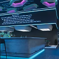 Modern Futuristic Bar Interior With Large Sculptural Installation Lighting Blue Sofas And Screens