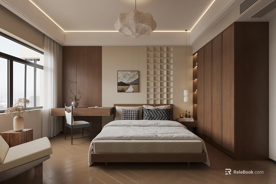 Light Luxury Dining Living Room Interior With Open Layout Sofa Dining Table And Pendant Lamp 3d model 