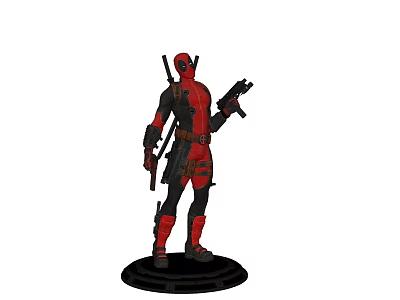 Deadpool Movie Character Action Figure In Red Black Suit Holding Guns With Swords 3d model