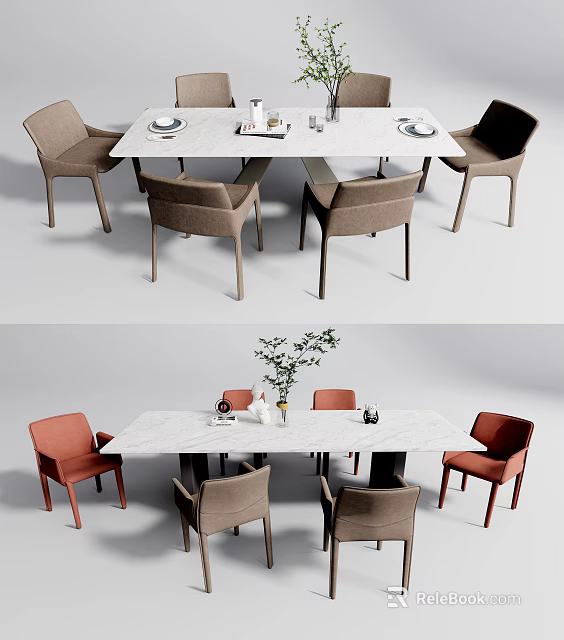 White Rectangular Dining Table Set with Brown Orange Chairs and Table Decorations 3d model
