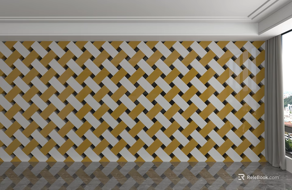 Modern Feature Wall With Yellow And White Interwoven Grid Tile Design 3d model 