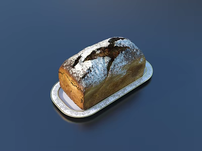 Freshly Baked Artisan Bread with Flour Dust and Cracked Surface on White Patterned Plate 3d model