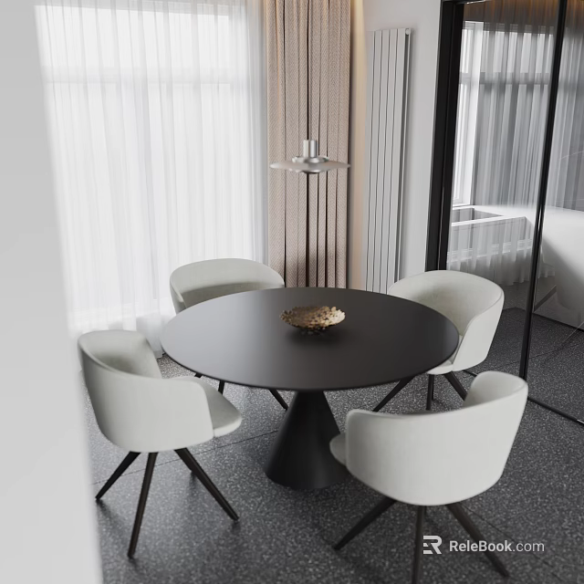Modern Dining Room Interior With Round Black Table White Chairs And Pendant Light 3d model 