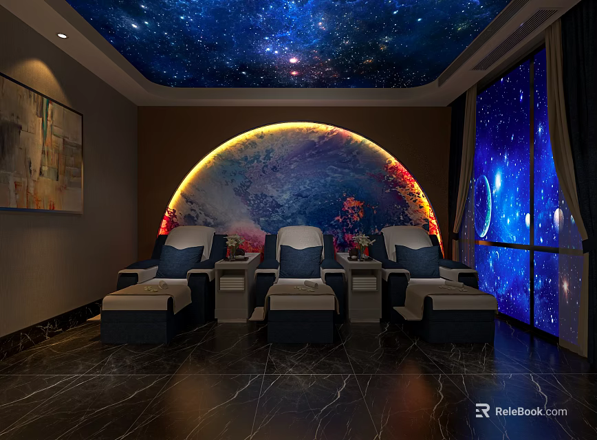 Elegant SPA Sauna Interior With Starry Sky Ceiling Arched Backdrop And Massage Chairs 3d model 