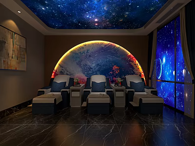 Elegant SPA Sauna Interior With Starry Sky Ceiling Arched Backdrop And Massage Chairs 3d model