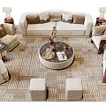 Elegant Modern Sofa Coffee Table Set With Round Table Beige Cushions And Carpet 3d model
