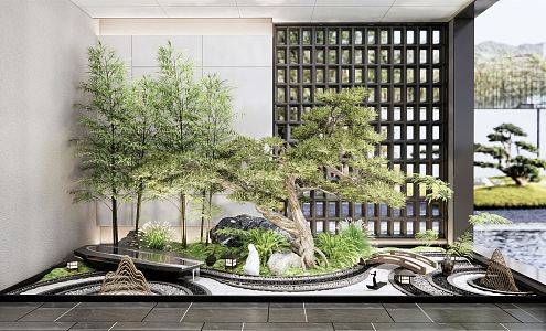 New Chinese style landscape sketch Zen style courtyard sketch dry landscape gardening stone indoor landscape plant landscape water bowl linear rockery fern 3d model