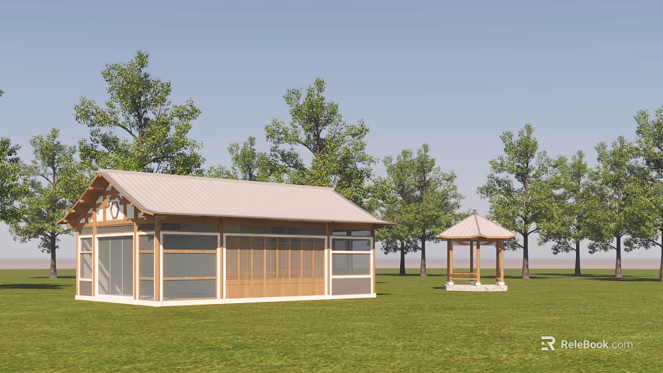 Outdoor Wooden Structure And Pavilion With Green Trees Grassy Lawn Blue Sky 3d model 