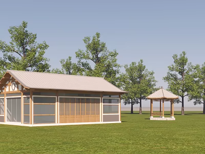Outdoor Wooden Structure And Pavilion With Green Trees Grassy Lawn Blue Sky 3d model