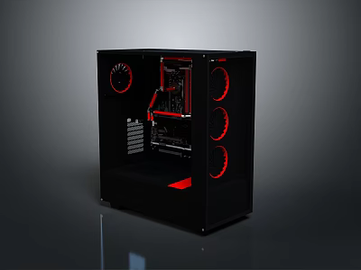 Black Computer Case With Transparent Side Panel Red Fans And Modern Tech Design 3d model
