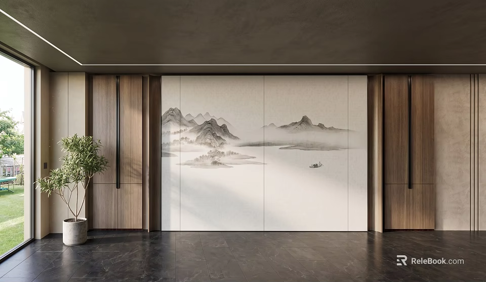 Modern Minimalist Backdrop Wall With Chinese Landscape Painting And Wooden Panels 3d model 