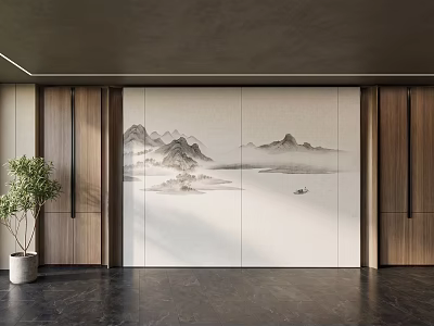 Modern Minimalist Backdrop Wall With Chinese Landscape Painting And Wooden Panels 3d model