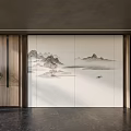 Modern Minimalist Backdrop Wall With Chinese Landscape Painting And Wooden Panels