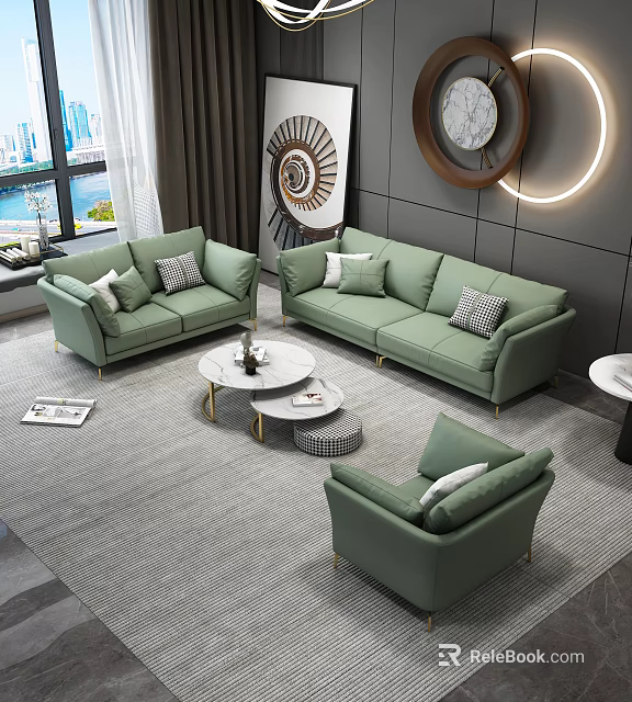 Modern Light Green Sofa Set With Round Coffee Table Cushions Grey Wall And Rug 3d model