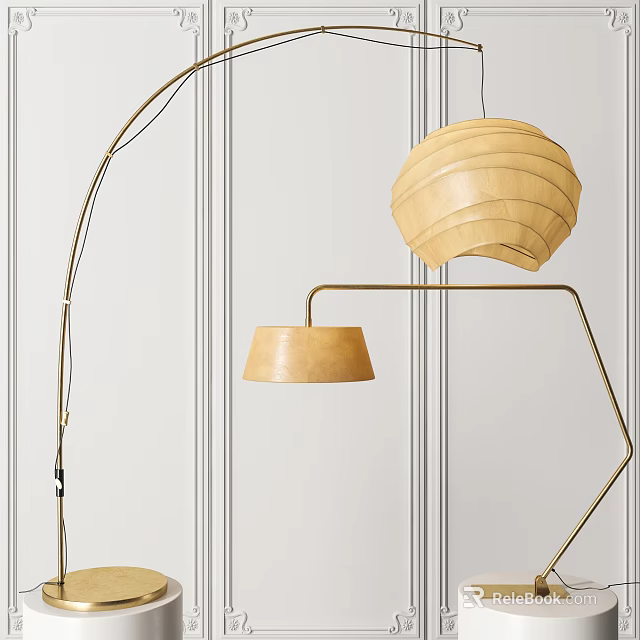 Modern Arching Floor Lamp With Beige Shade And Pendant Light By Striped Wall 3d model 
