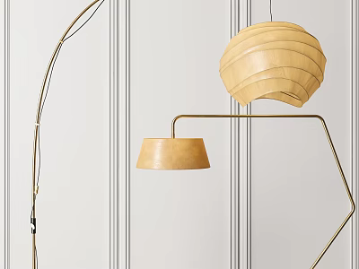 Modern Arching Floor Lamp With Beige Shade And Pendant Light By Striped Wall 3d model