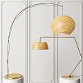 Modern Arching Floor Lamp With Beige Shade And Pendant Light By Striped Wall