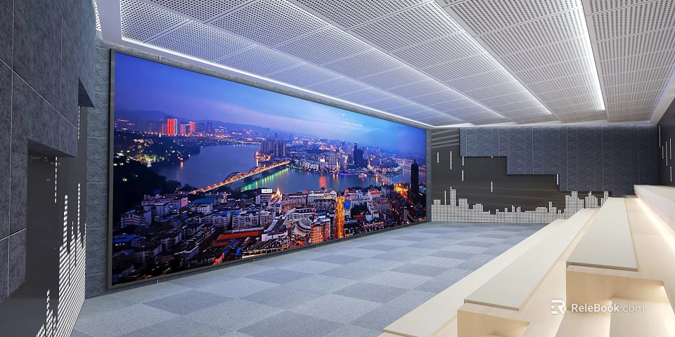 Modern Cinema Interior With Spacious Lobby And Large City Night View Screen 3d model 
