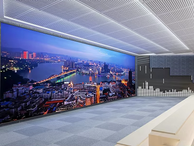 Modern Cinema Interior With Spacious Lobby And Large City Night View Screen 3d model
