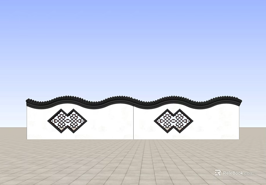 White Feature Wall Design With Black Wavy Top And Symmetric Diamond Patterns 3d model 