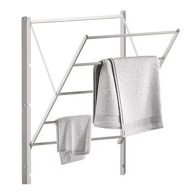 Silver Clothes Drying Rack With Gray Towels Including Large And Small Sizes 3d model