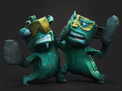 Green Cartoon Style Dolls With Yellow Goggles And Grinning Faces Holding Stone Props 3d model