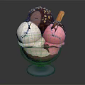 Three Scoops Ice Cream In Blue Bowl With Chocolate Sauce Nuts And Cookie Stick