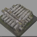 Structural Construction Model With Stacked Concrete Blocks Crossed Beams And Mossy Base 3d model
