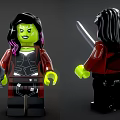 Green Skin Building Blocks Minifigure Black Hair Purple Streaks Red Jacket Black Pants Holding Sword