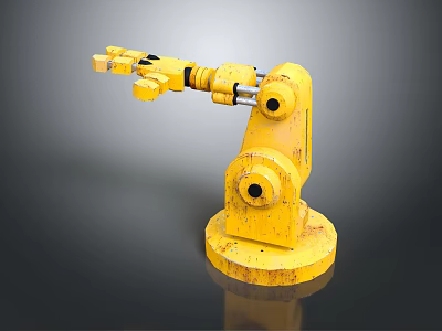 Yellow Industrial Robotic Arm With Worn Metal Base And Mechanical Joints 3d model