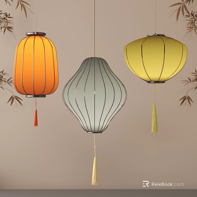 Traditional Colorful Hanging Lanterns In Various Shapes With Bamboo Leaves And Tassels 3d model 